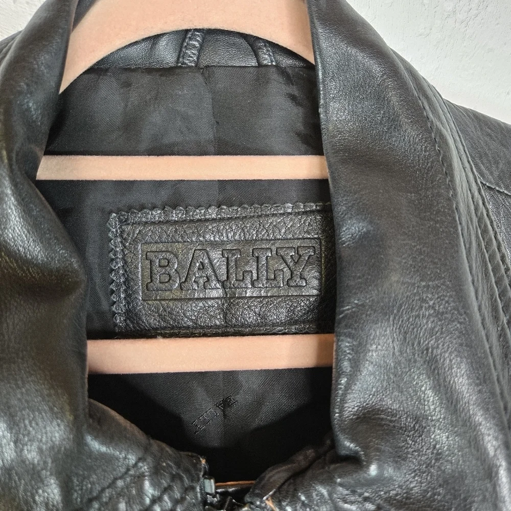 Vtg 90s Bally Black Leather European Italian Lambskin Leather Bomber Jacket